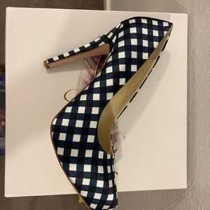 JESSICA SIMPSON 8.5 NAVY COMBO GINGHAM MAT SATIN PLATFORM